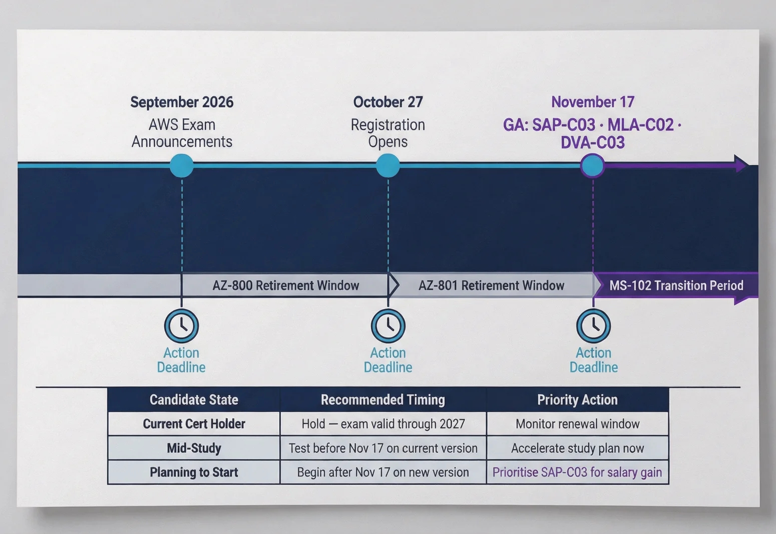 Exam version timeline for best cloud certifications salary impact showing AWS SAP-C03 and Microsoft retirement deadlines through Q4 2026