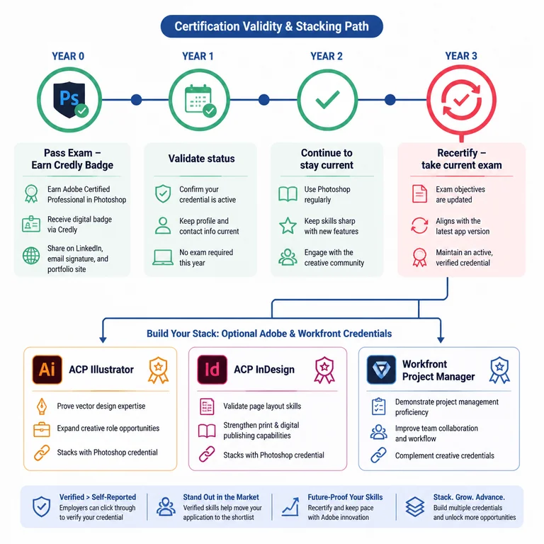 Adobe Certified Professional Photoshop credential timeline showing 3-year validity, recertification at year three, and stackable badges for Illustrator, InDesign, and Workfront