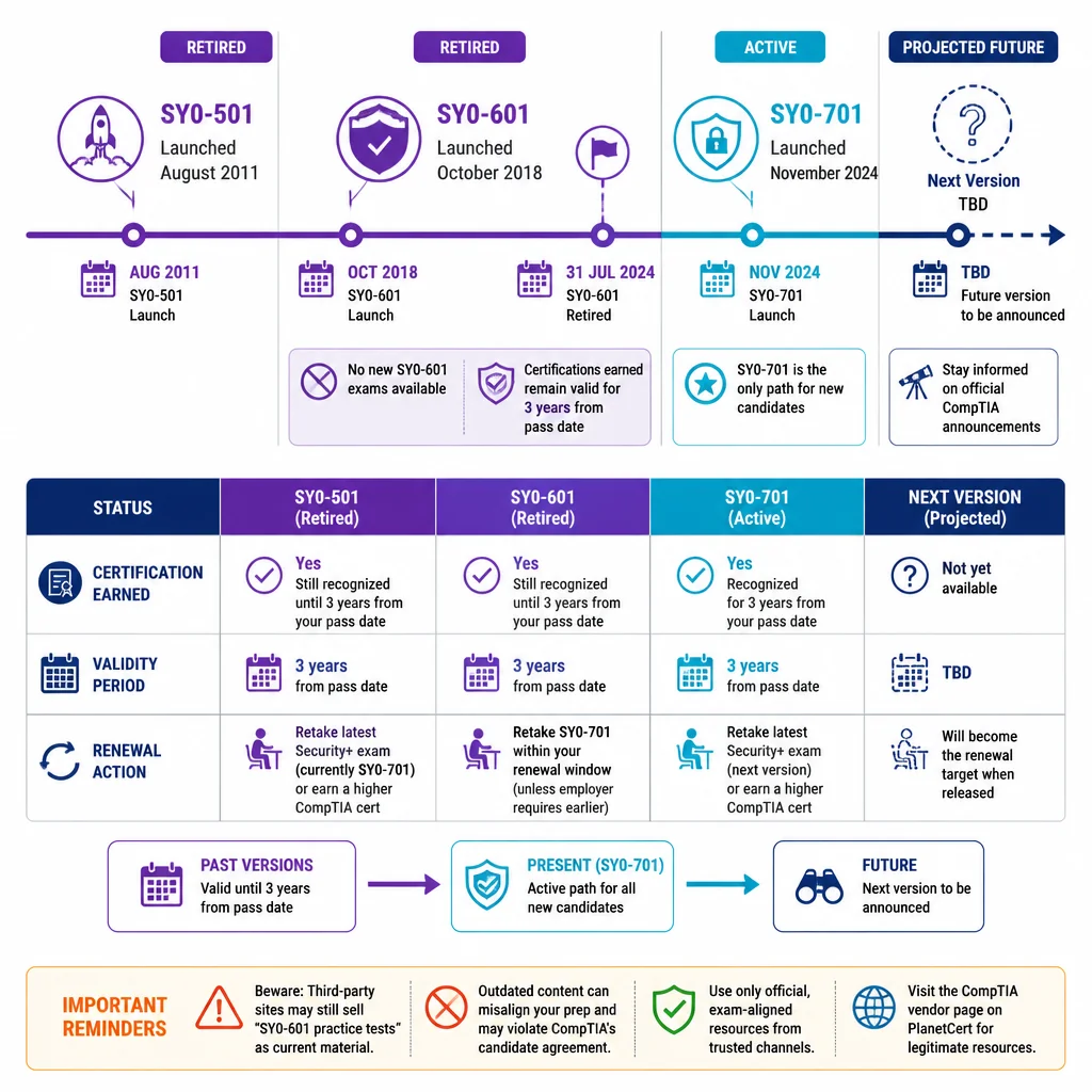 security+ sy0-701 study guide timeline showing SY0-601 retirement and current SY0-701 active status through 2026