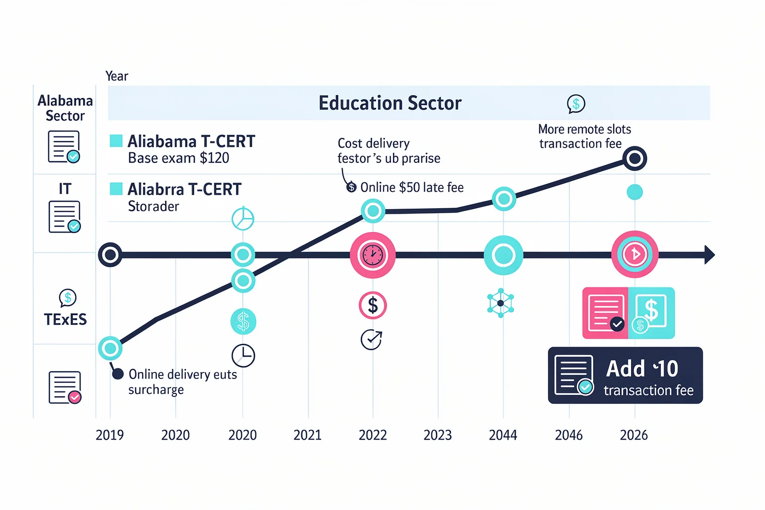 Timeline of certification fee shifts from 2019 to 2026, mapping Alabama t cert alabama cost changes against IT certification pricing trends