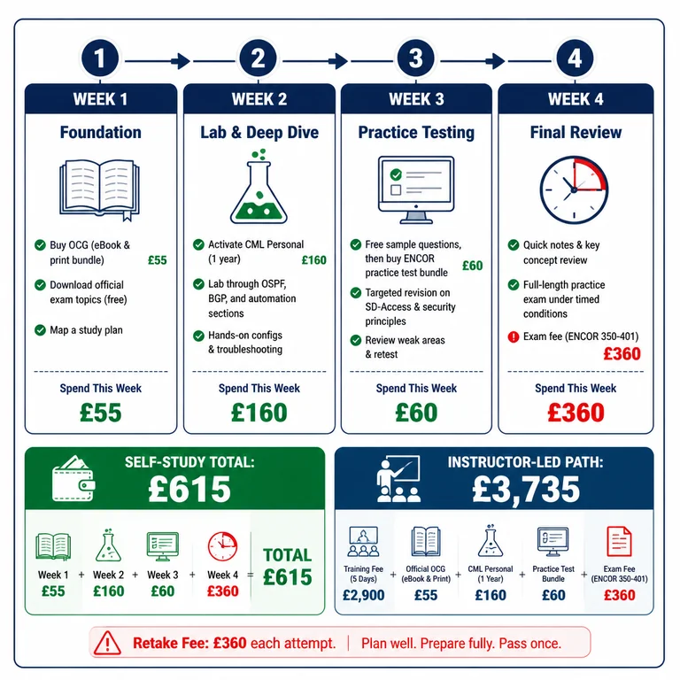 4-week budget timeline for ccnp encor exam cost showing self-study total £615 versus instructor-led £3,735 with weekly spending breakdowns.