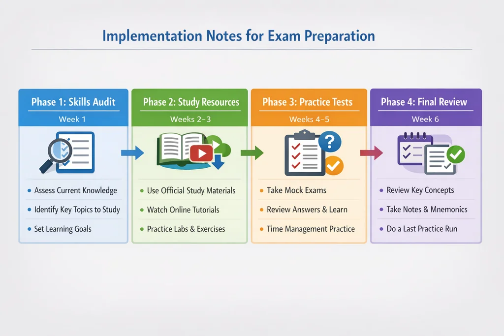 Microsoft certification exam preparation roadmap with phased study timeline and practice test integration points