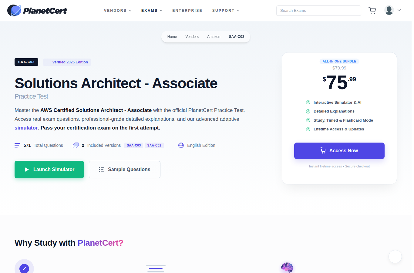 PlanetCert page screenshot for aws solution architect associate syllabus