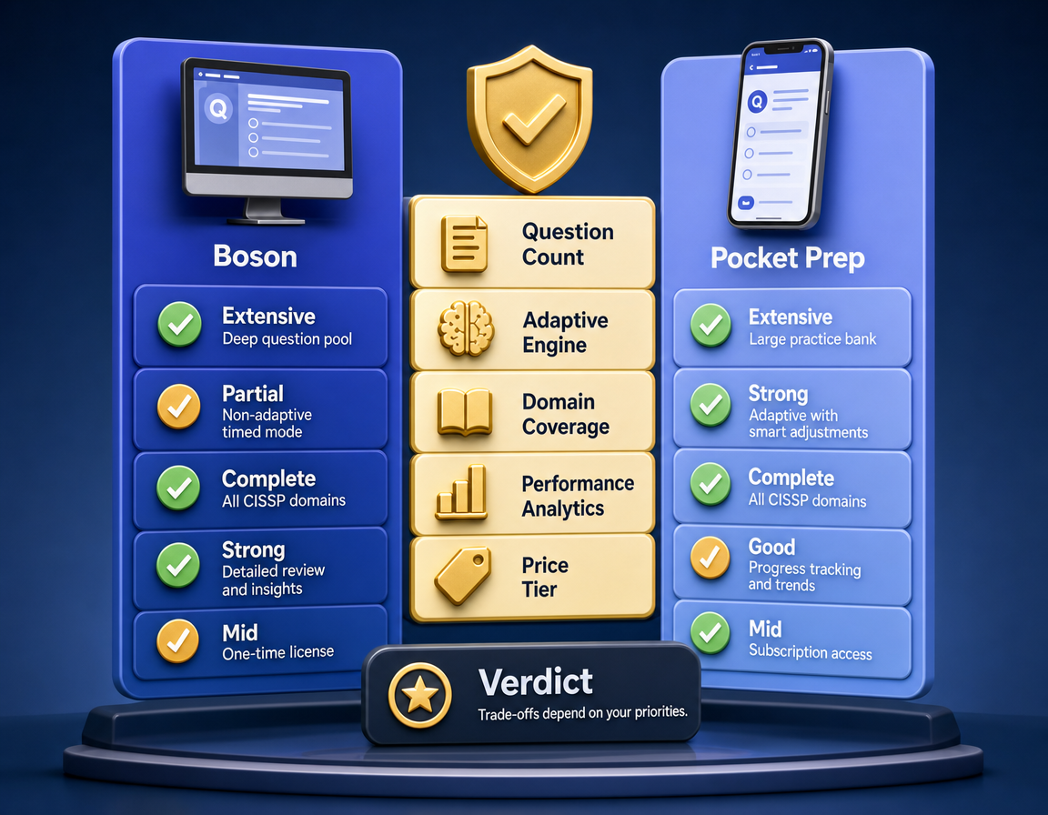 CISSP simulator comparison board showing question fidelity, explanation depth, platform design, and stamina fit