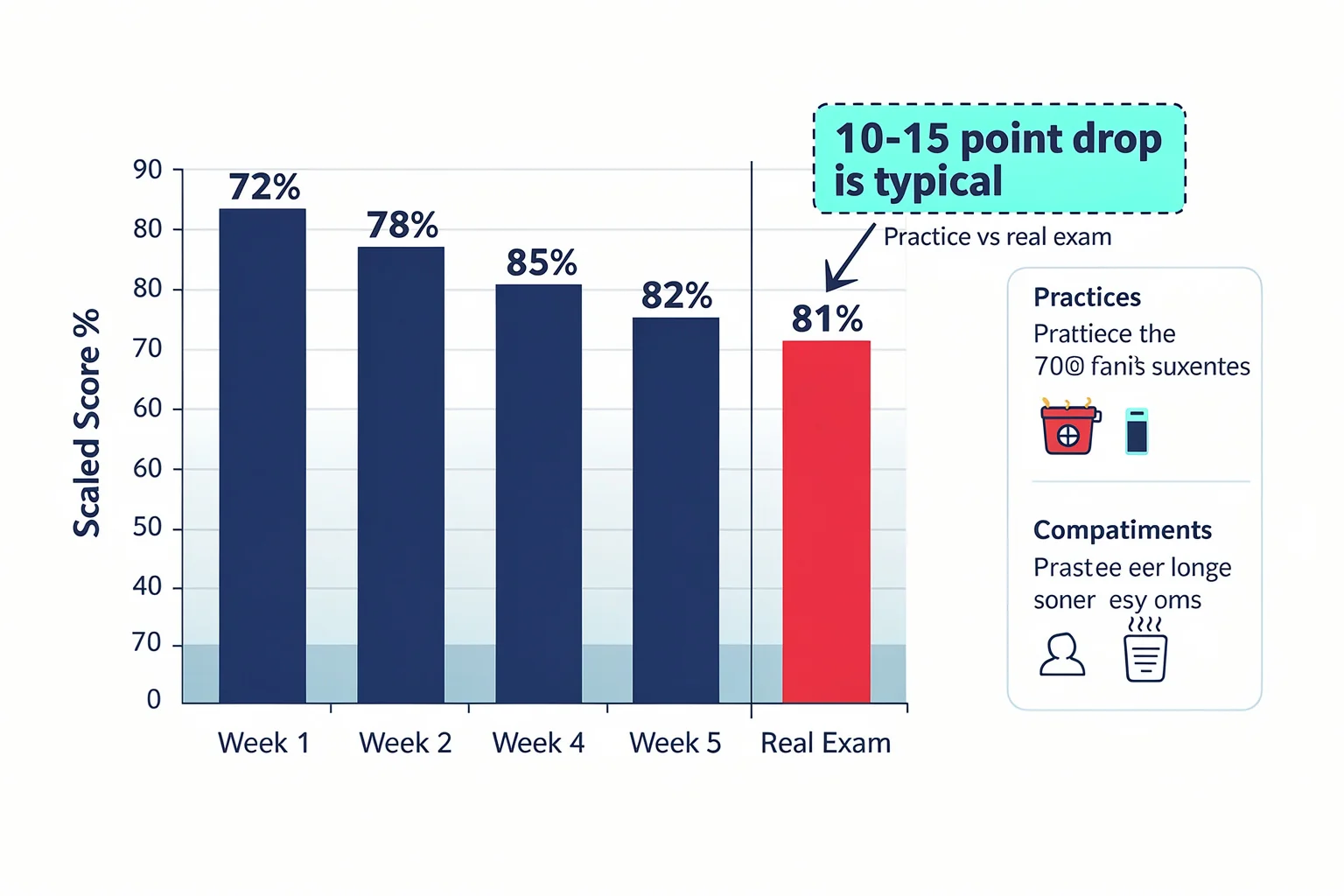 Bar chart comparing five practice exam scores against a single real exam score, illustrating the typical score drop in practice exam vs real exam performance for IT certification candidates.