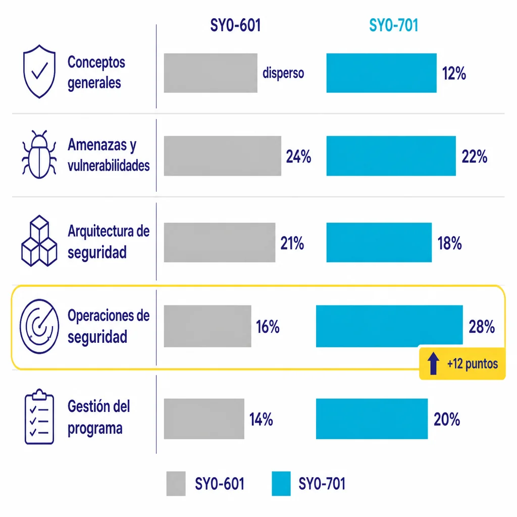 Gráfico de barras comparativo de los pesos de los cinco dominios de Security+ SY0-601 y SY0-701, con el salto de Operaciones de Seguridad del 16% al 28%, clave para orientar tu comptia security+ training