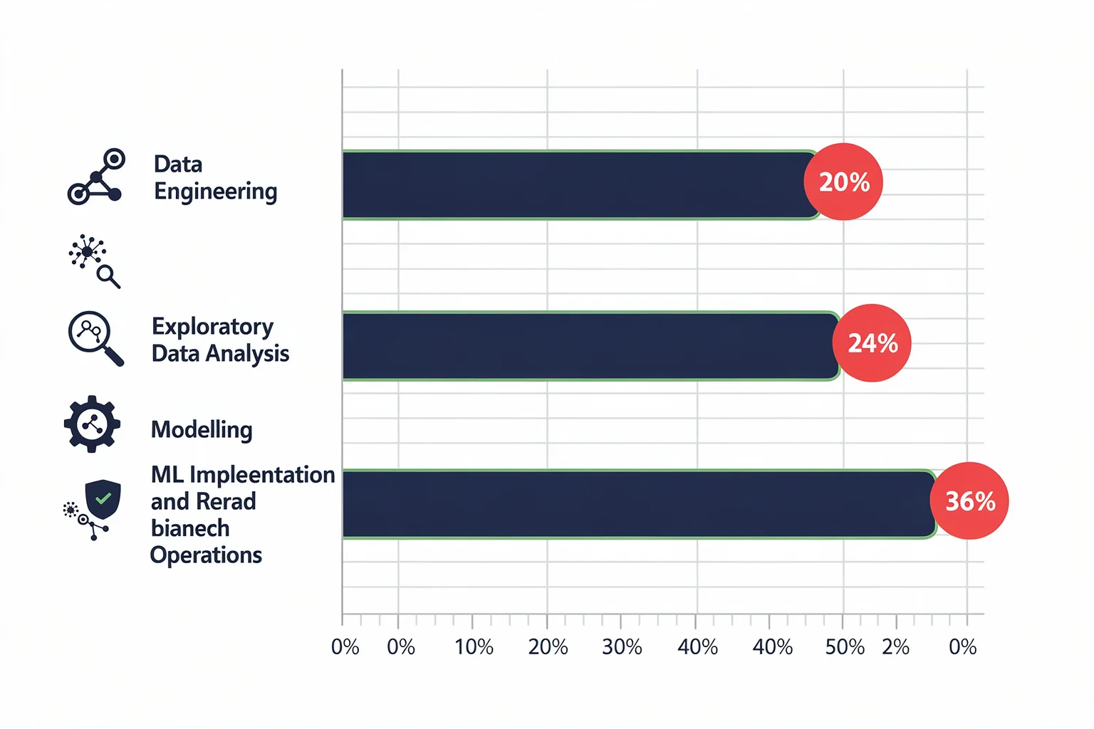 Bar chart showing MLS-C01 exam domain weightings for evaluating free aws certified machine learning specialty practice questions, with Data Engineering at 20%, Exploratory Data Analysis at 24%, Modelling at 36%, and ML Implementation and Operations at 20%.