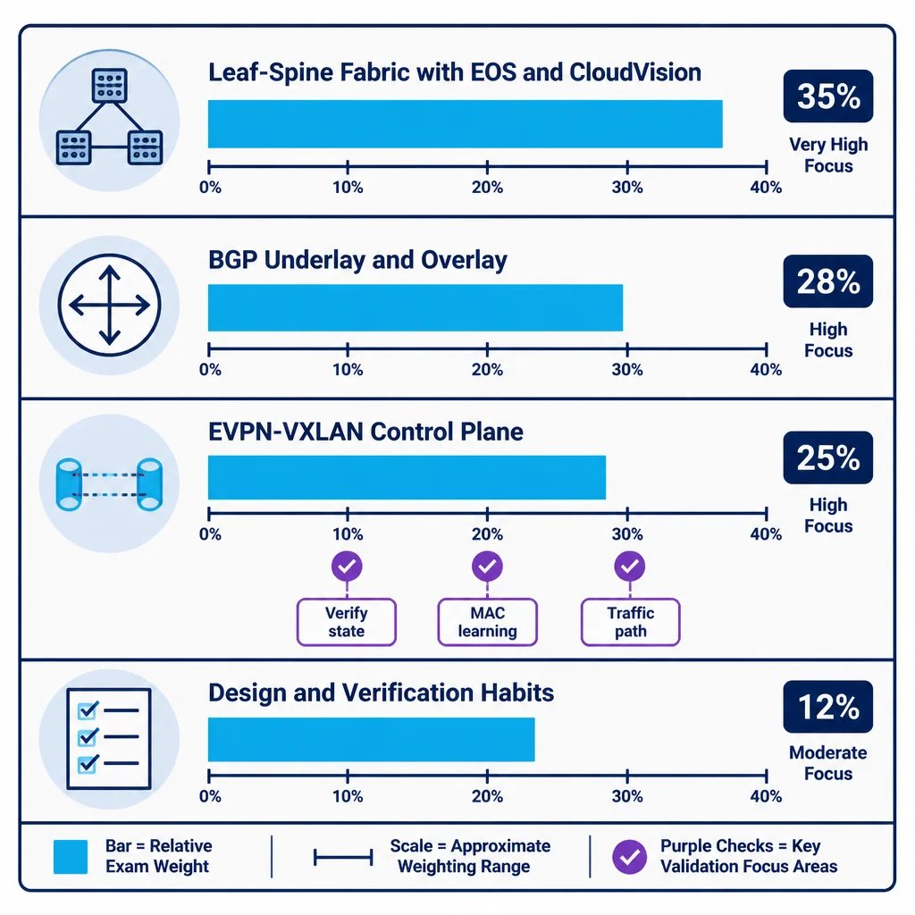 ACE-L3-DCENG exam domain weighting chart comparing leaf-spine, BGP, EVPN-VXLAN, and verification topics in ace-l3-dceng sample questions