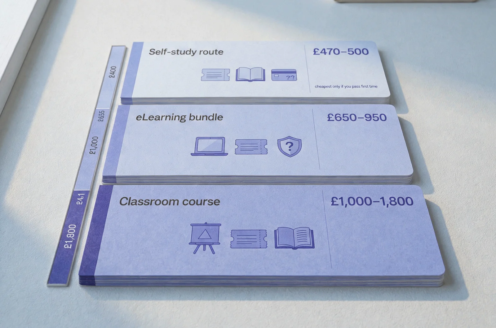 Comparison board of three UK PRINCE2 Foundation exam cost routes: self-study at £470-500, eLearning bundle at £650-950, and classroom course at £1,000-1,800.