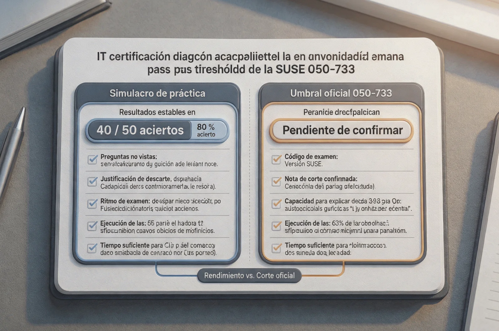 Comparativa entre el porcentaje de aciertos en simulacros y la nota de corte oficial o 050 733 exam pass mark.