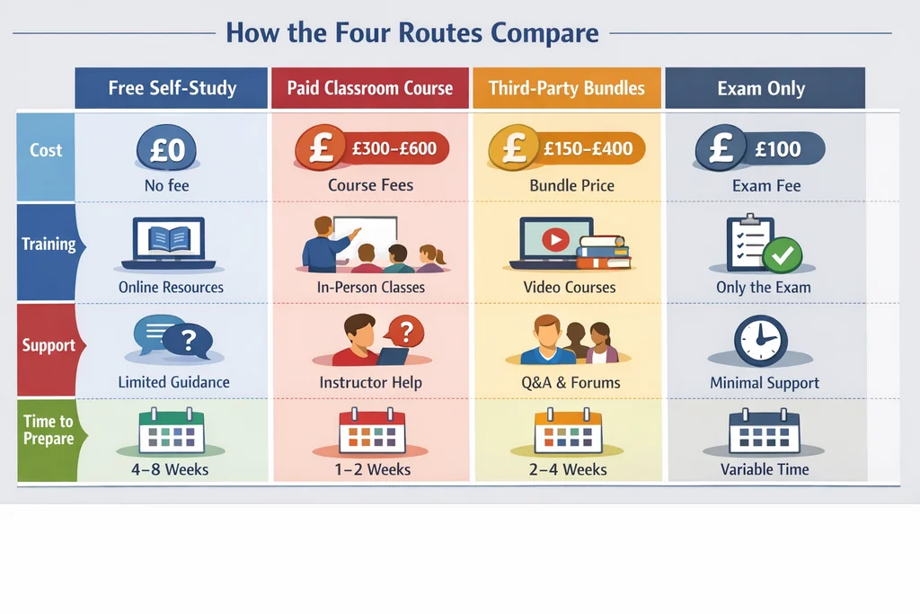 AWS Cloud Practitioner course cost comparison showing four study routes with total costs, time commitments, and preparation gaps for 2026