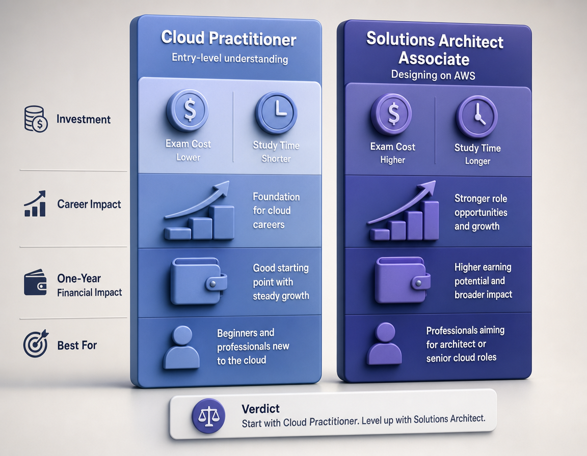 AWS certification path ROI comparison showing one-year salary and cost breakdown for Cloud Practitioner versus Solutions Architect Associate