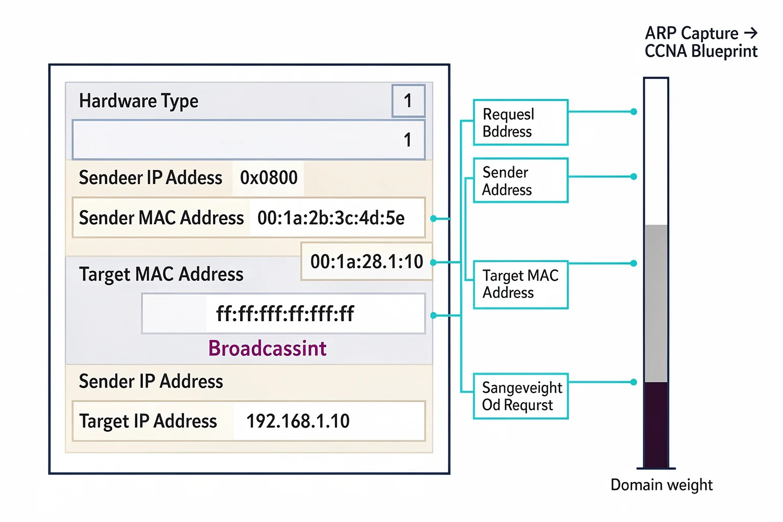 Wireshark exam prep infographic showing an ARP packet capture annotated with CCNA 200-301 Network Fundamentals domain weight, mapping capture analysis to certification exam objectives