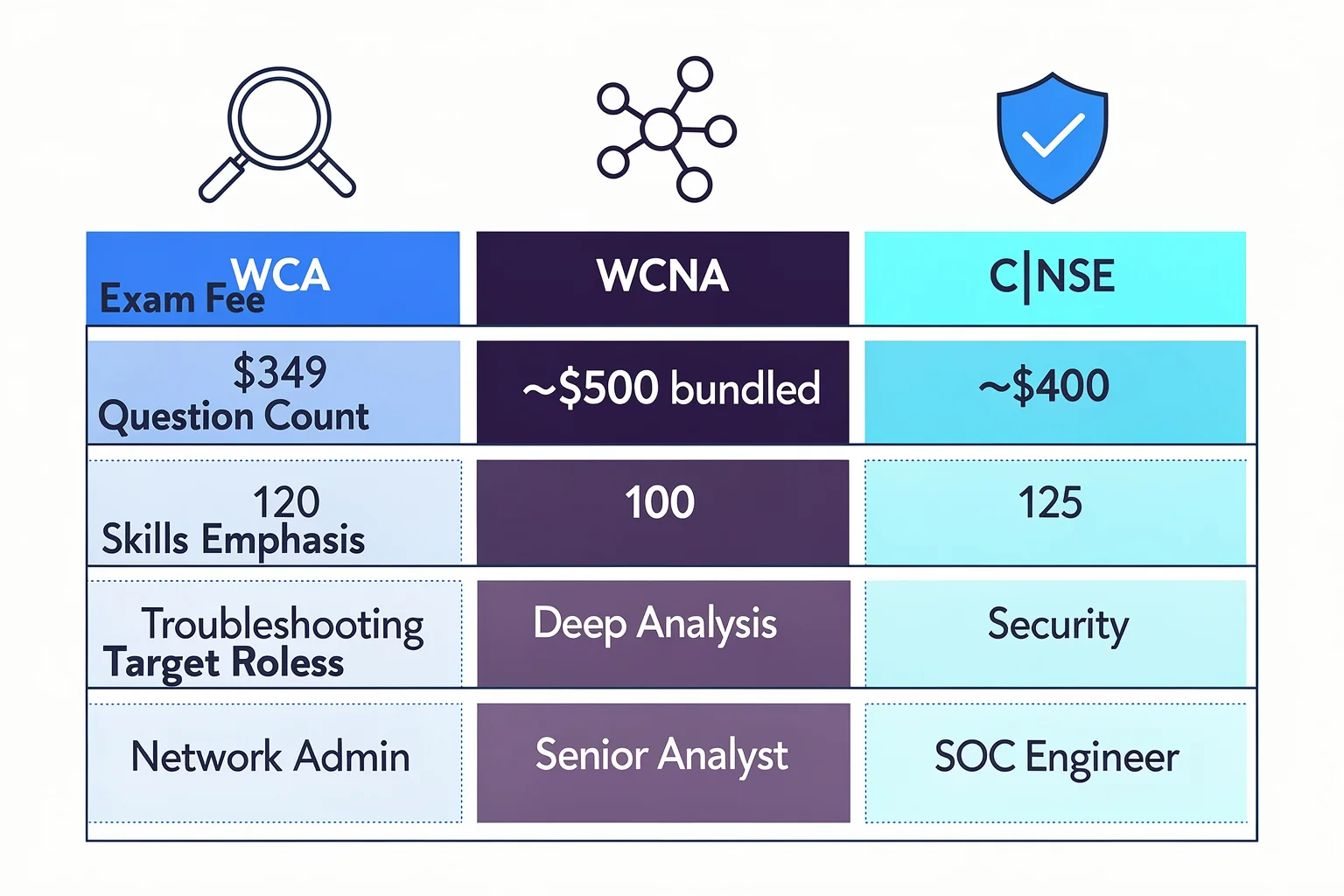 Comparison infographic of Wireshark certification paths WCA, WCNA, and C|NSE showing exam fees, question counts, skills emphasis, and target job roles to help network professionals choose the right credential.