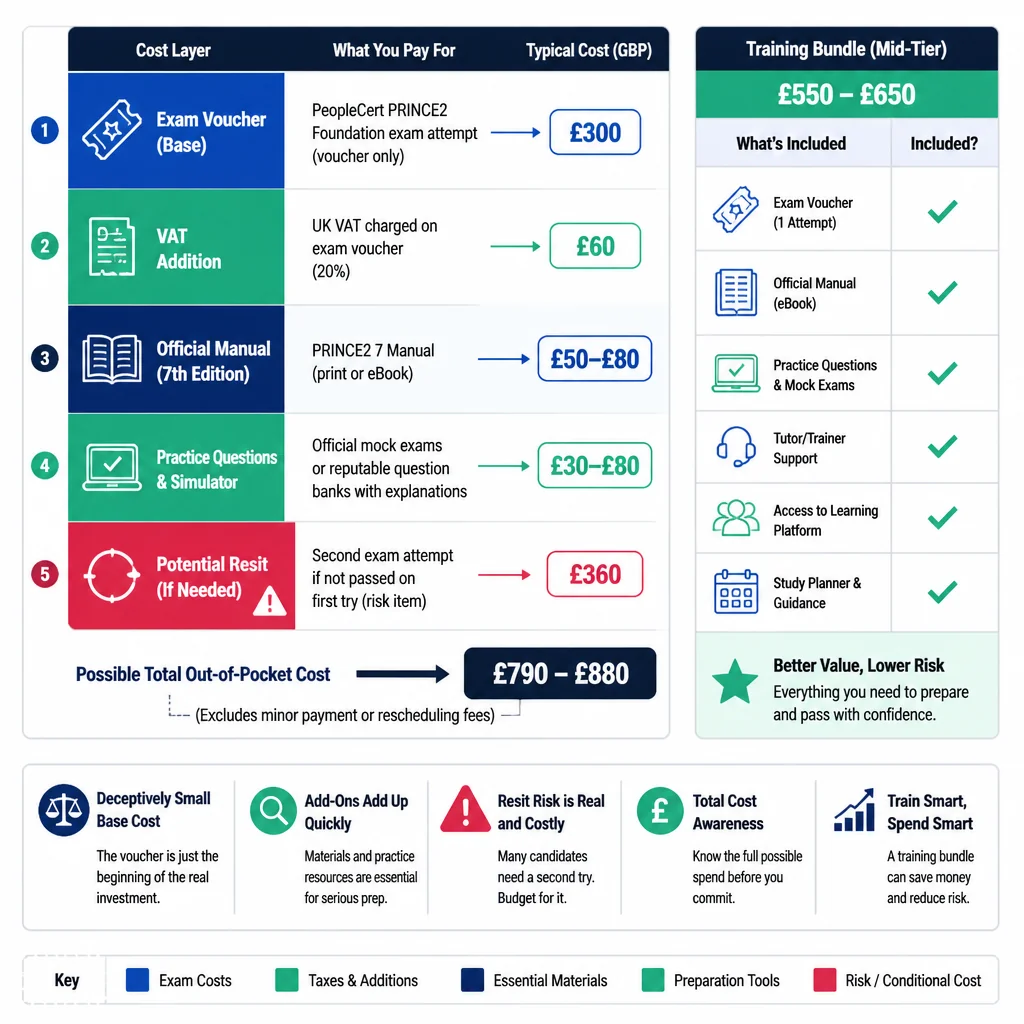 PRINCE2 Foundation exam-only true cost breakdown showing hidden fees, VAT, manual, simulator, and resit risk for UK candidates comparing exam-only versus bundled training routes