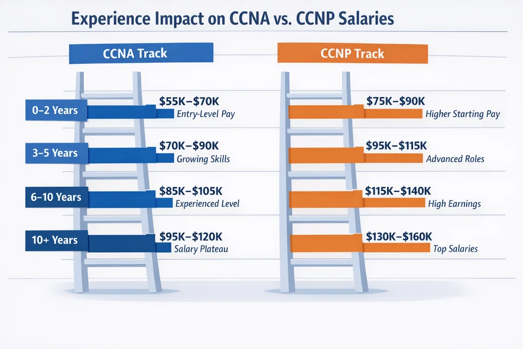 CCNA vs CCNP salary comparison across experience levels showing how the pay gap widens with seniority in 2026