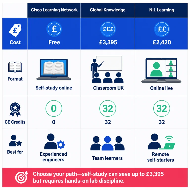 Comparison of ccnp encor exam cost preparation paths: free Cisco blueprint, £3,395 classroom, and £2,420 online training options with CE credits and best-fit profiles.