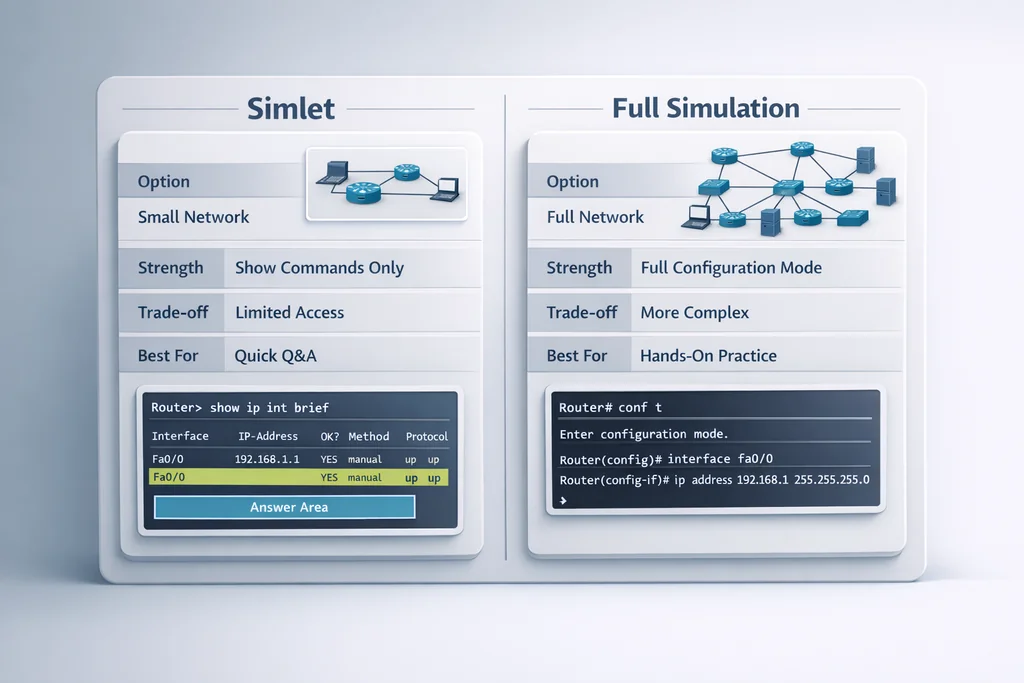 CCNA exam questions comparison showing Simlet versus full Simulation format differences for Cisco 200-301 test takers