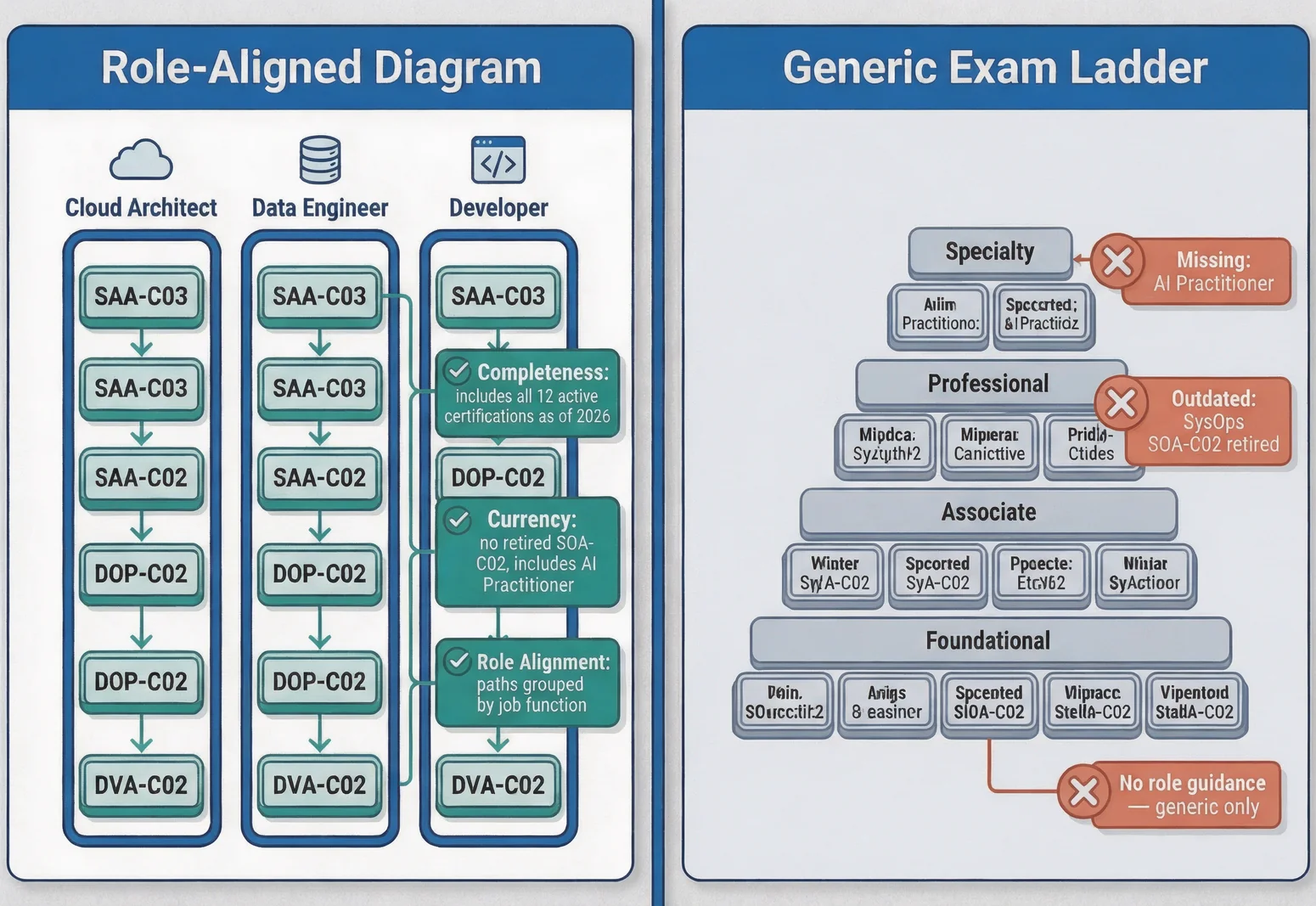 Side-by-side comparison of a complete and role-aligned AWS certification path diagram versus an outdated generic exam ladder, highlighting completeness, currency, and role alignment