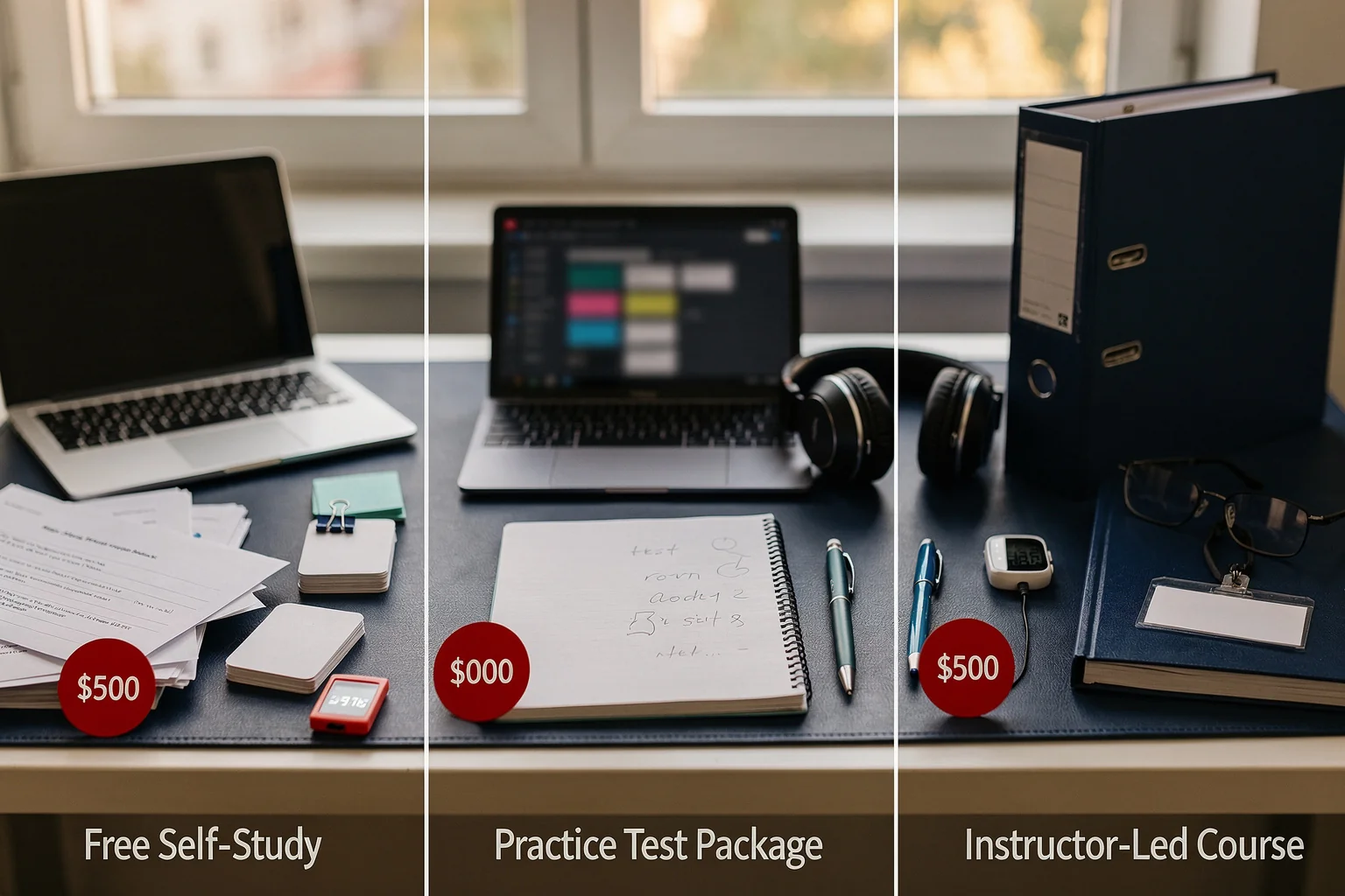 Adobe Certified Expert cost comparison: free self-study, practice test package, and instructor-led training fees.