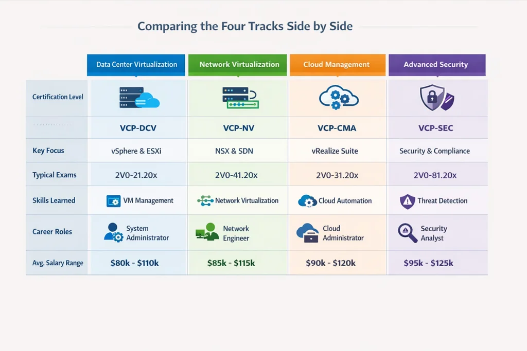 Comparison board showing which vmware certifications deliver ROI after the Broadcom acquisition, ranked by cost, demand, and study investment