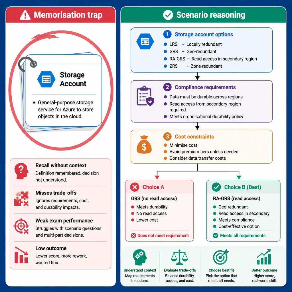 AZ-104 study infographic comparing rote memorisation with scenario-based reasoning, showing one of the top 7 mistakes avoid preparing AZ 104 exam.
