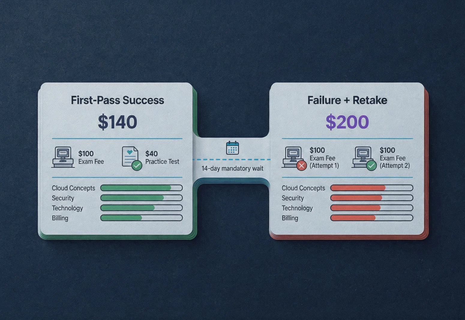 Cost comparison infographic for aws foundation certification retake policy: first-pass scenario vs retake scenario with 14-day waiting period