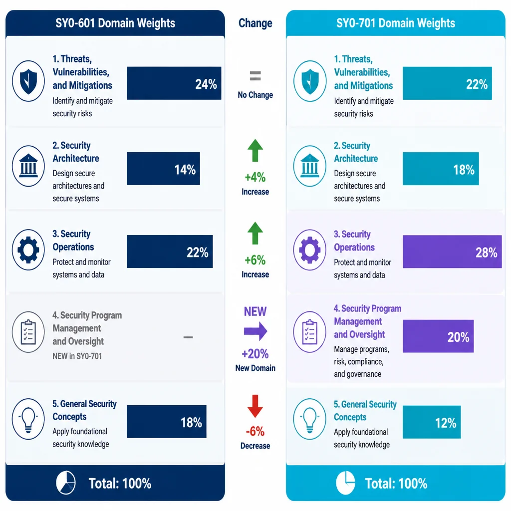 security+ sy0-701 study guide domain weight comparison showing Security Operations at 28% and new Security Program Management at 20%