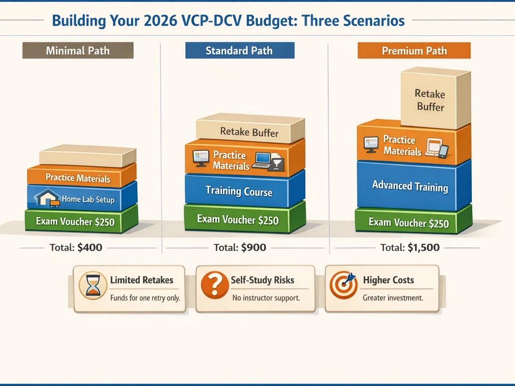 VCP-DCV exam cost comparison board showing three 2026 budget scenarios with exam voucher, training, practice materials, and retake buffer layers