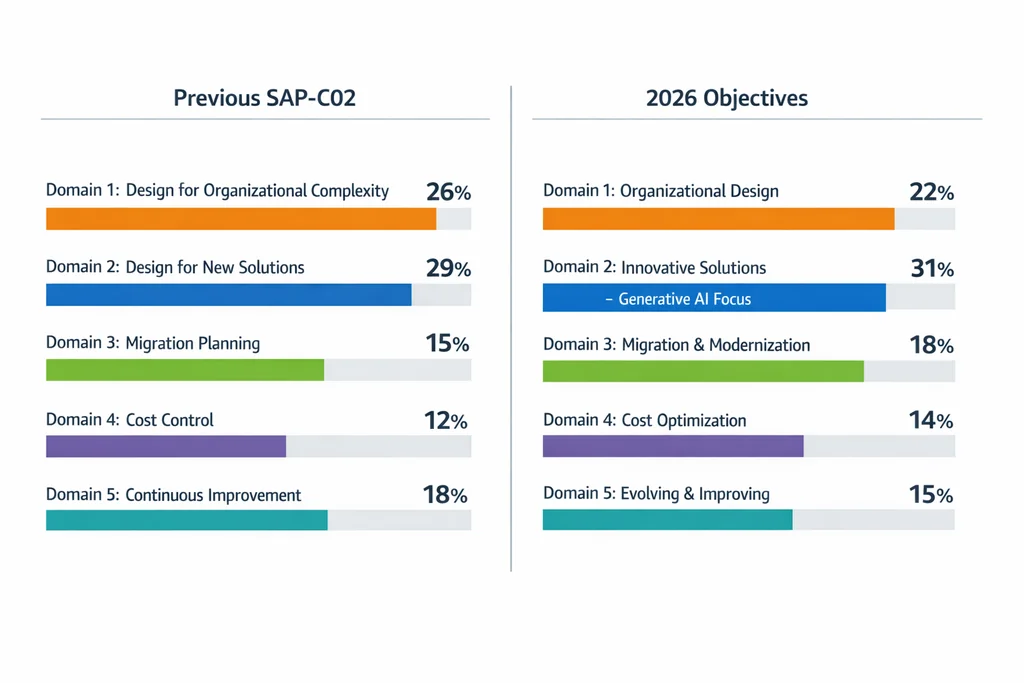 AWS Certified Solutions Architect Professional certification domain weighting comparison showing 2026 objective changes with adjusted study hours