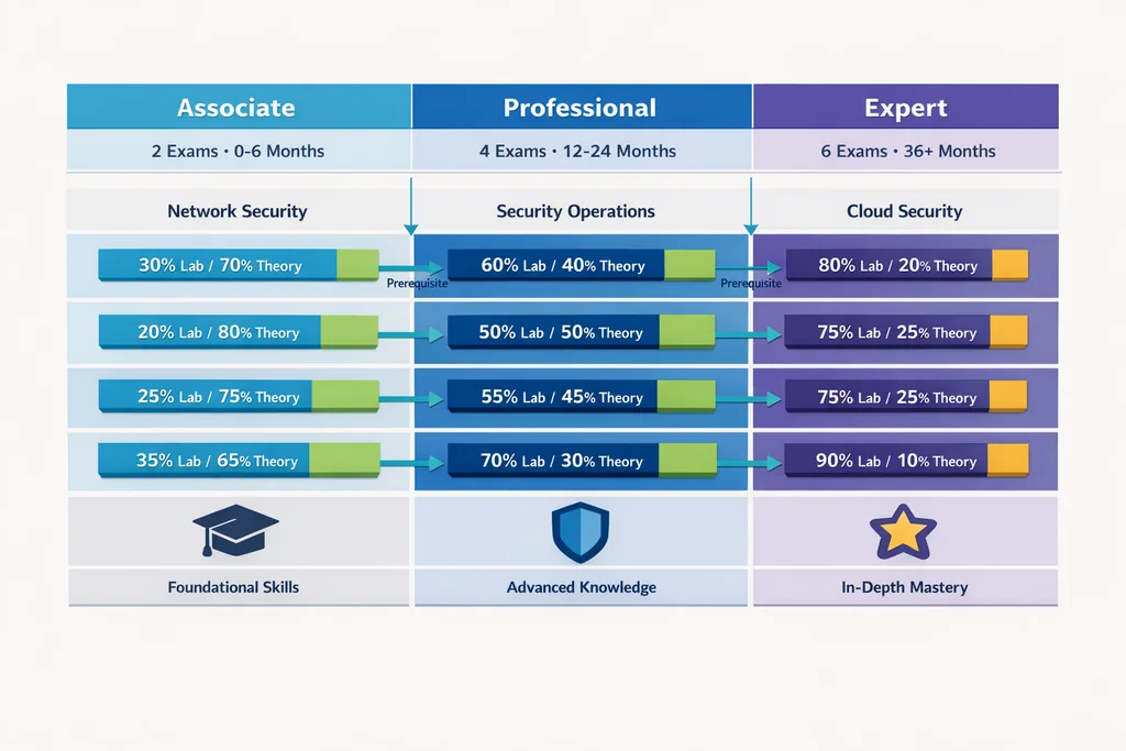 Fortinet certification three-tier comparison board showing Associate, Professional and Expert levels with specialisations and hands-on lab weightings