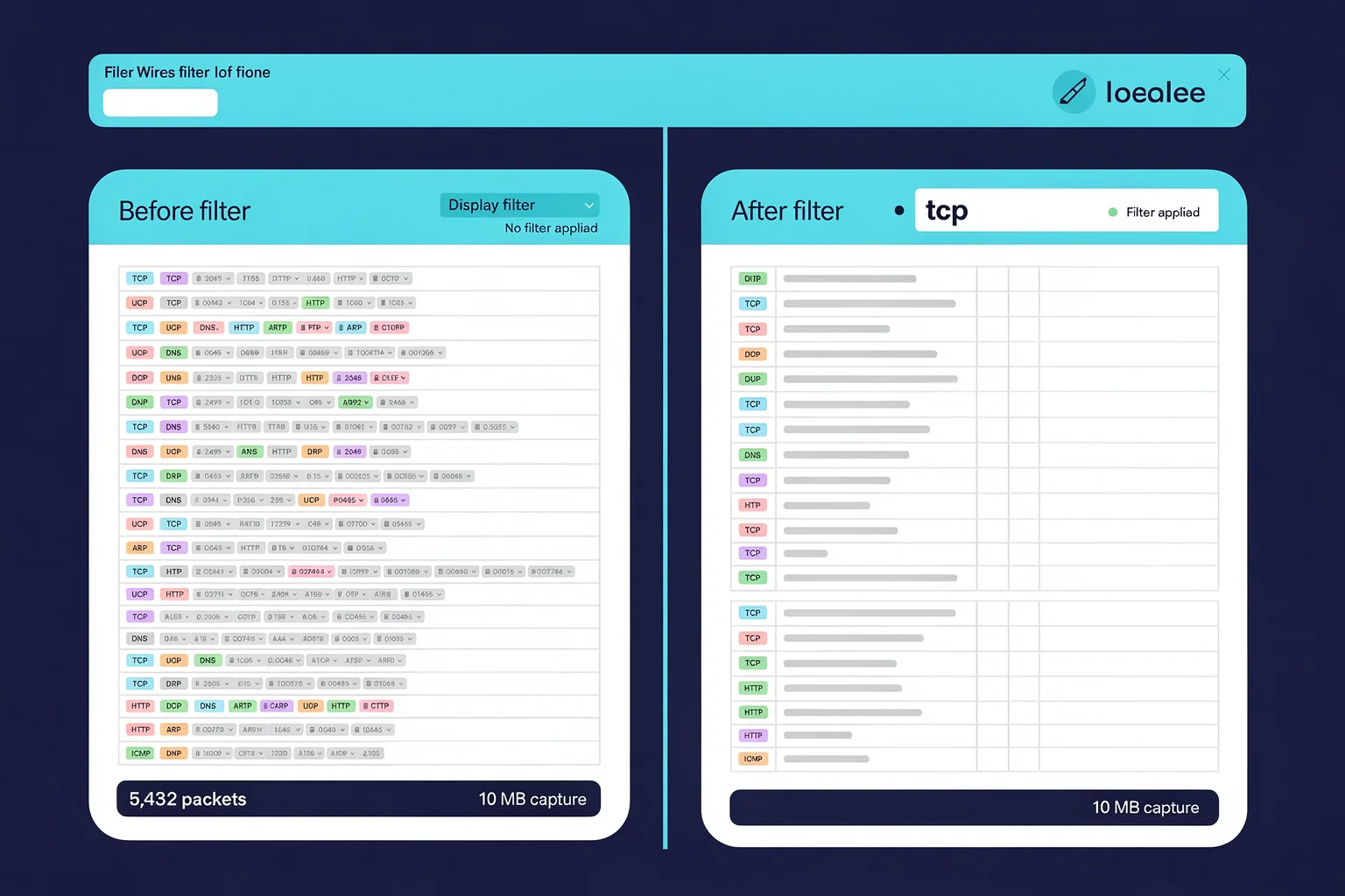Exam-focused Wireshark display filters infographic showing before and after applying a protocol filter to reduce packet count, highlighting the tcp filter pattern.