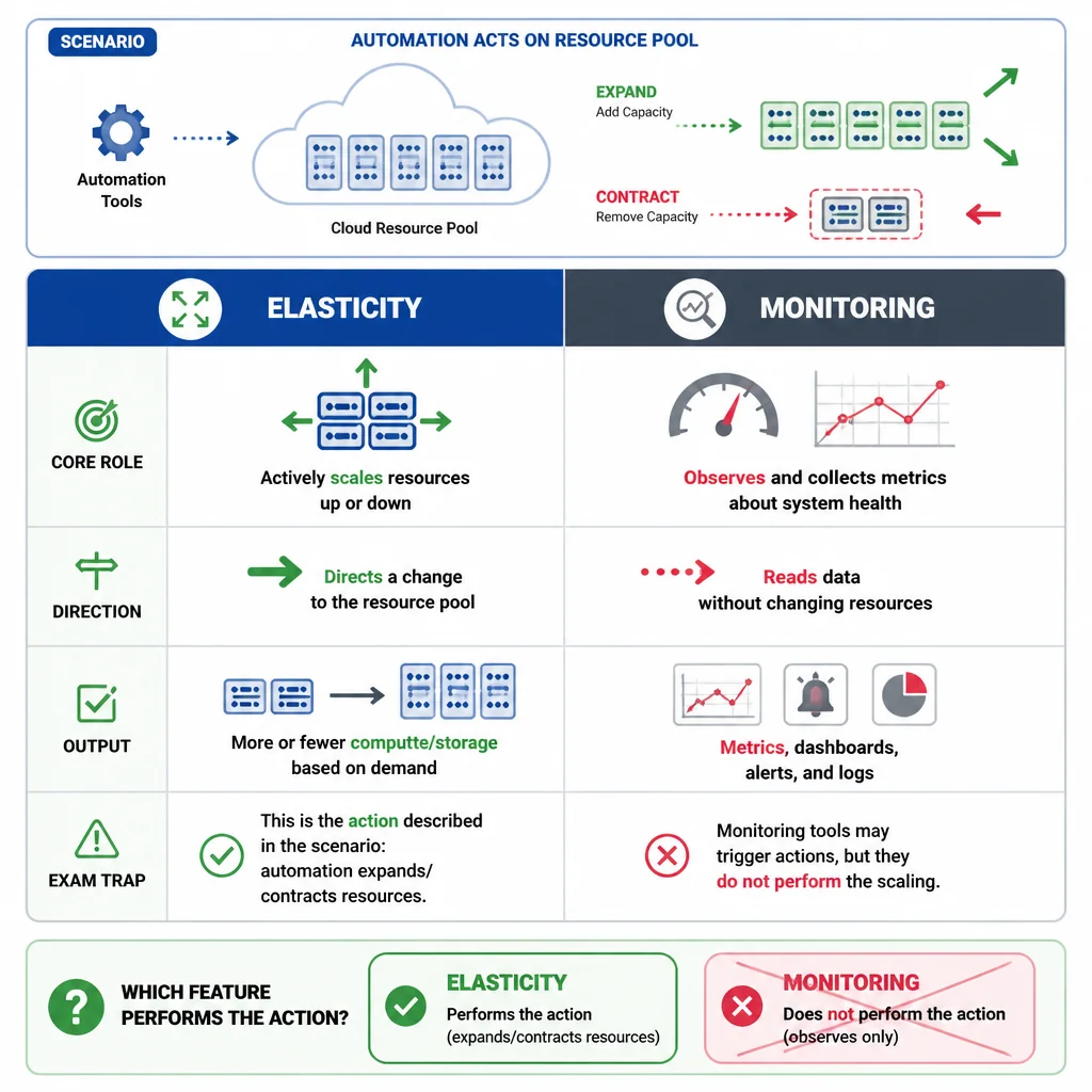 Two-column E20-920 sample questions infographic comparing elasticity, which scales resources, with monitoring, which observes metrics, to explain the common answer trap.