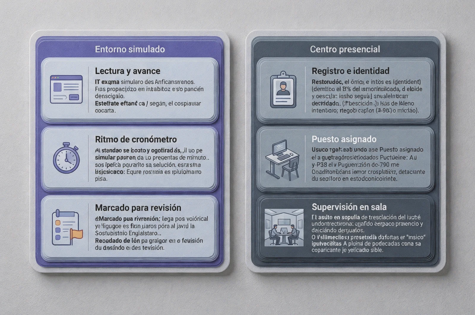 Matriz comparativa de factores técnicos y presenciales para exam simulator vs test center environment.