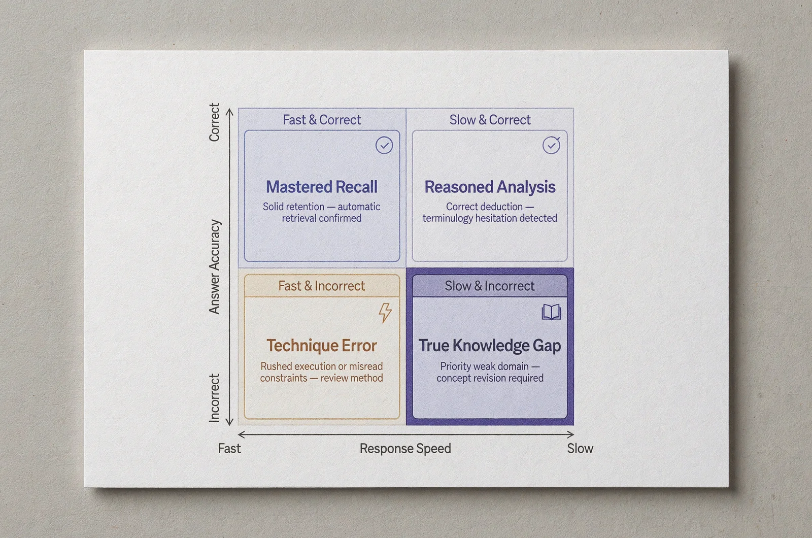 A 2x2 timing and accuracy matrix illustrating how exam simulator analytics for weak domains differentiate core knowledge gaps from rushed reading mistakes.