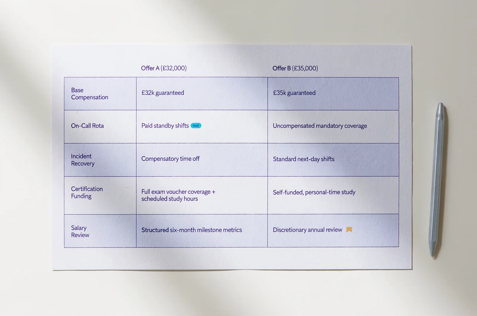 A side-by-side offer comparison matrix evaluating an entry level aws cloud engineer salary against on-call pay, training support, and review terms.