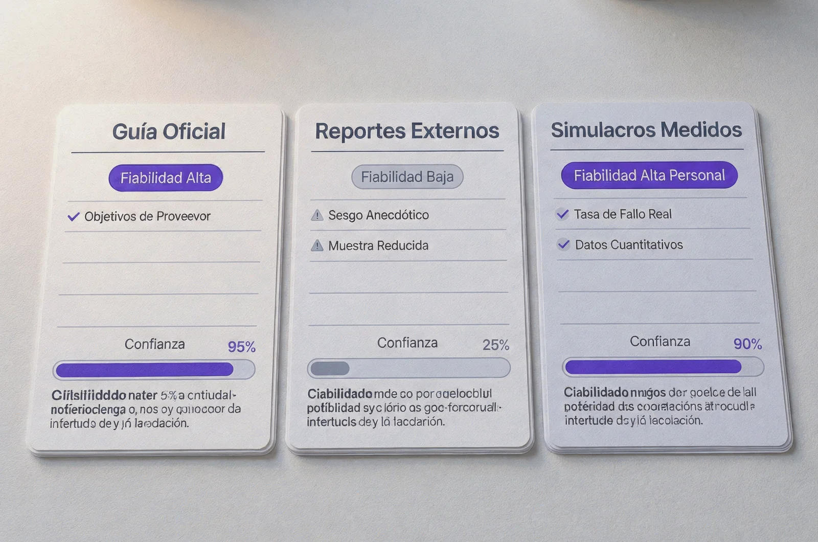 Matriz comparativa de fiabilidad de fuentes técnicas para analizar los 040 444 exam topics, contrastando la guía oficial con reportes externos y simulacros cronometrados.
