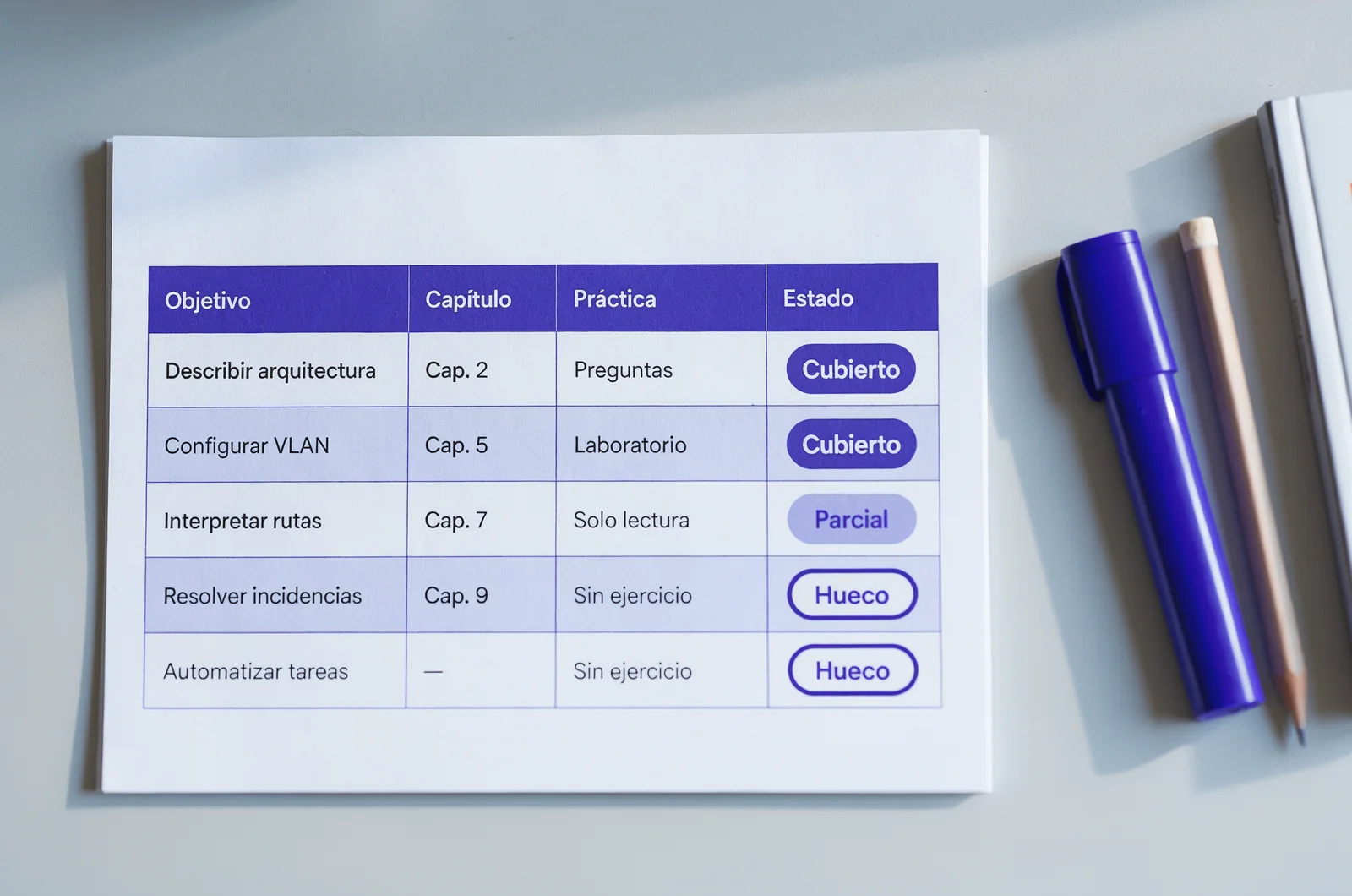 Hoja que relaciona objetivos oficiales con capítulos, práctica y estado para decidir how to choose a certification study guide detectando huecos de cobertura