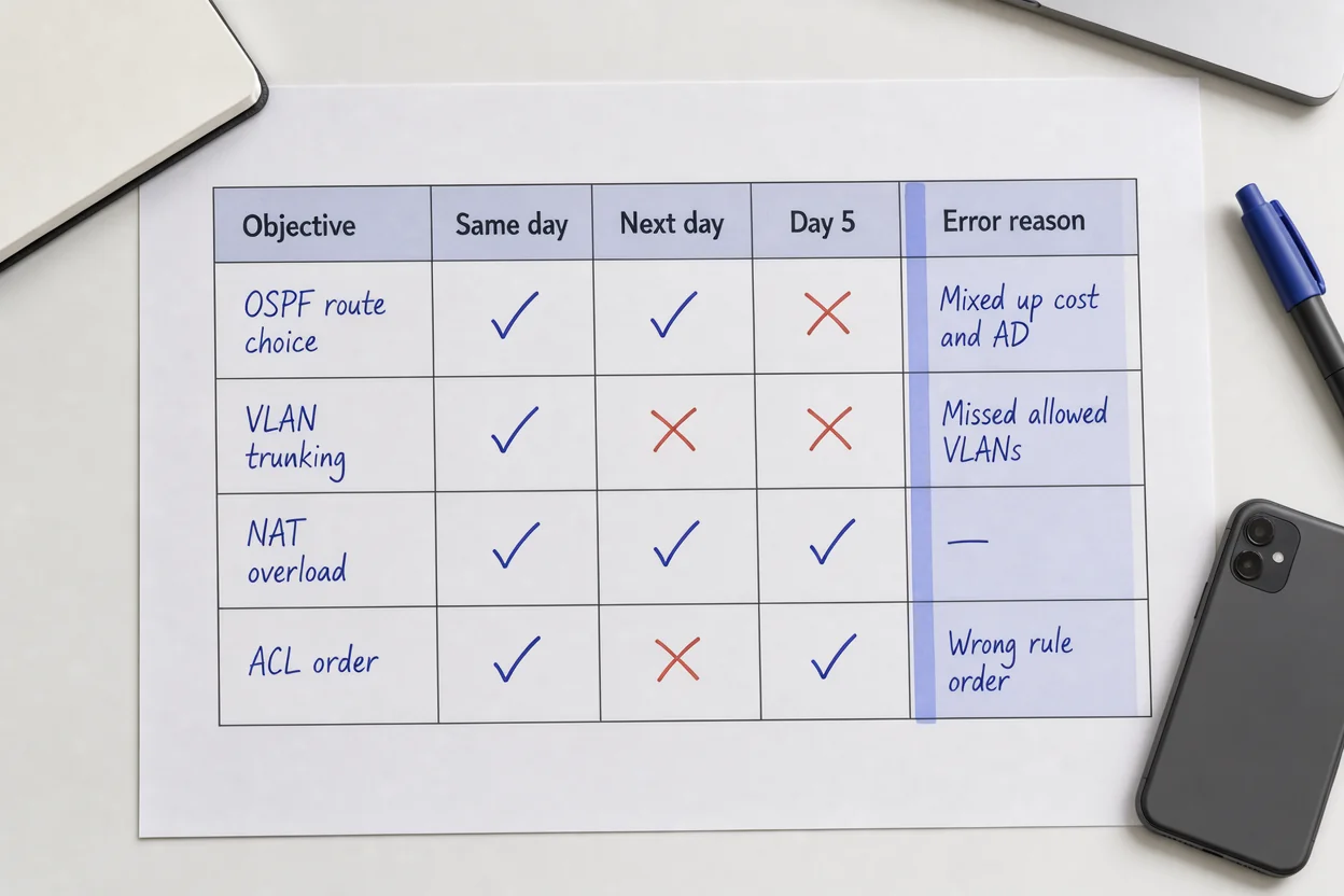 Filled-in recall log comparing same-day, next-day and day-five checks for networking objectives, with error reasons recorded, used to evaluate self study with guides vs video courses