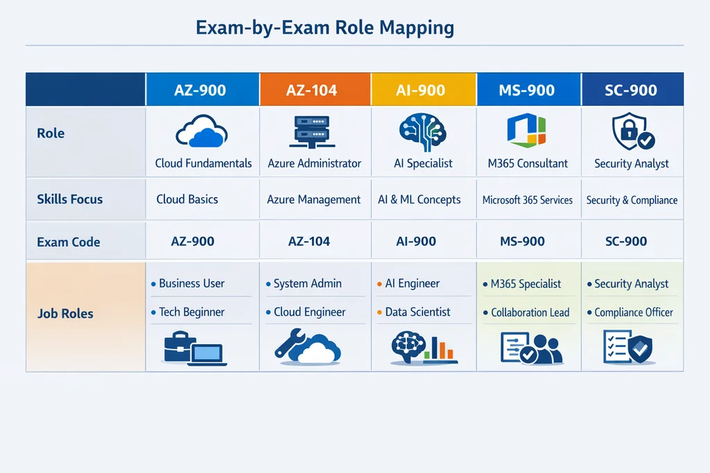 Microsoft certification exam role mapping matrix comparing AZ-900, AZ-104, AI-900, MS-900 and SC-900 to IT job responsibilities