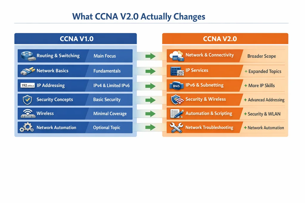 CCNA V2.0 blueprint domain weight changes compared to V1.0 for candidates evaluating the best CCNA practice exams