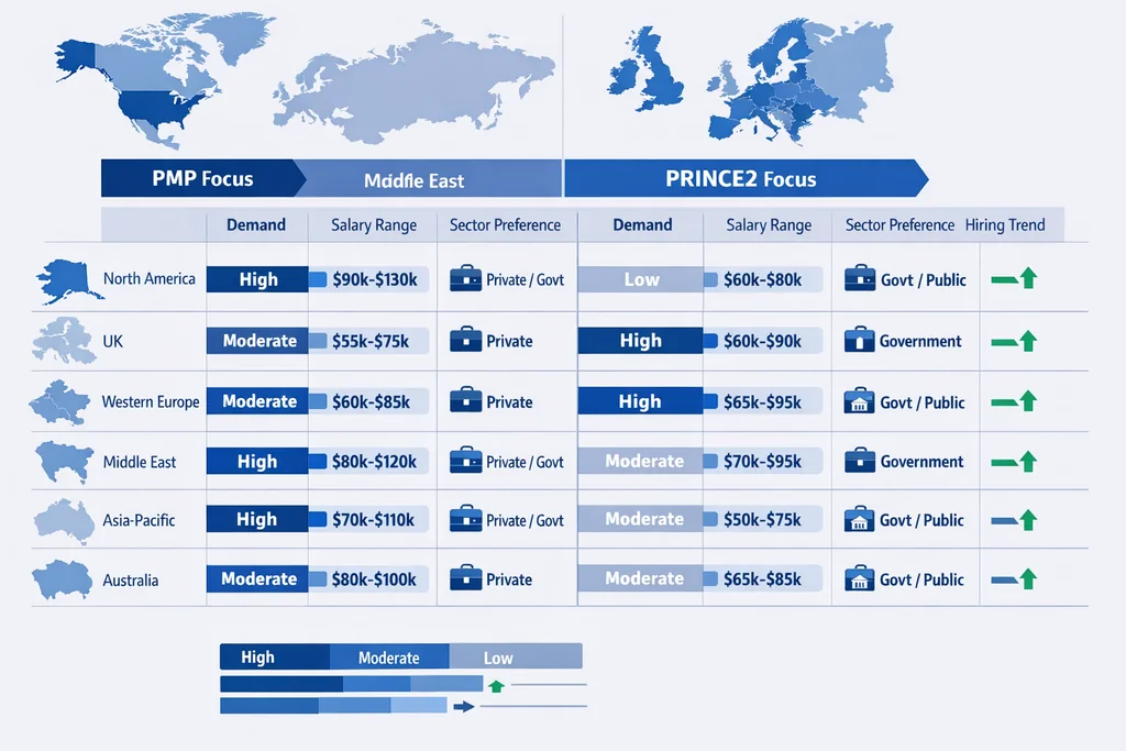 PRINCE2 vs PMP regional demand comparison matrix showing employer recognition by geography for certification decision-making