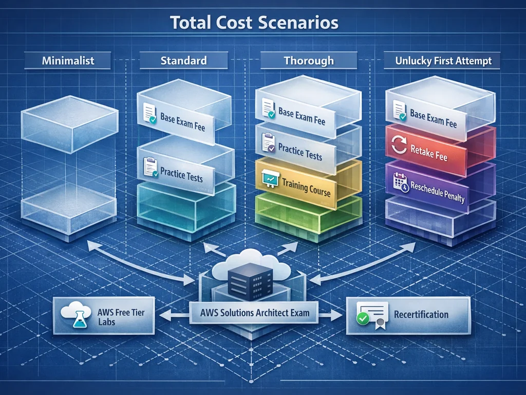 AWS Solutions Architect exam cost scenario matrix comparing total spend from minimalist to retake-inclusive budgets for 2026 candidates