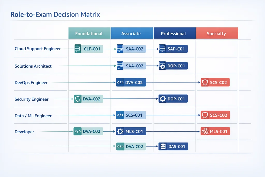 AWS certification exam comparison decision matrix matching IT roles to the right Foundational, Associate, Professional, or Specialty exam