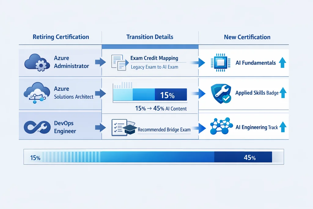 Microsoft certification changes 2026 comparison matrix showing retiring role-based exams and their AI-focused replacements