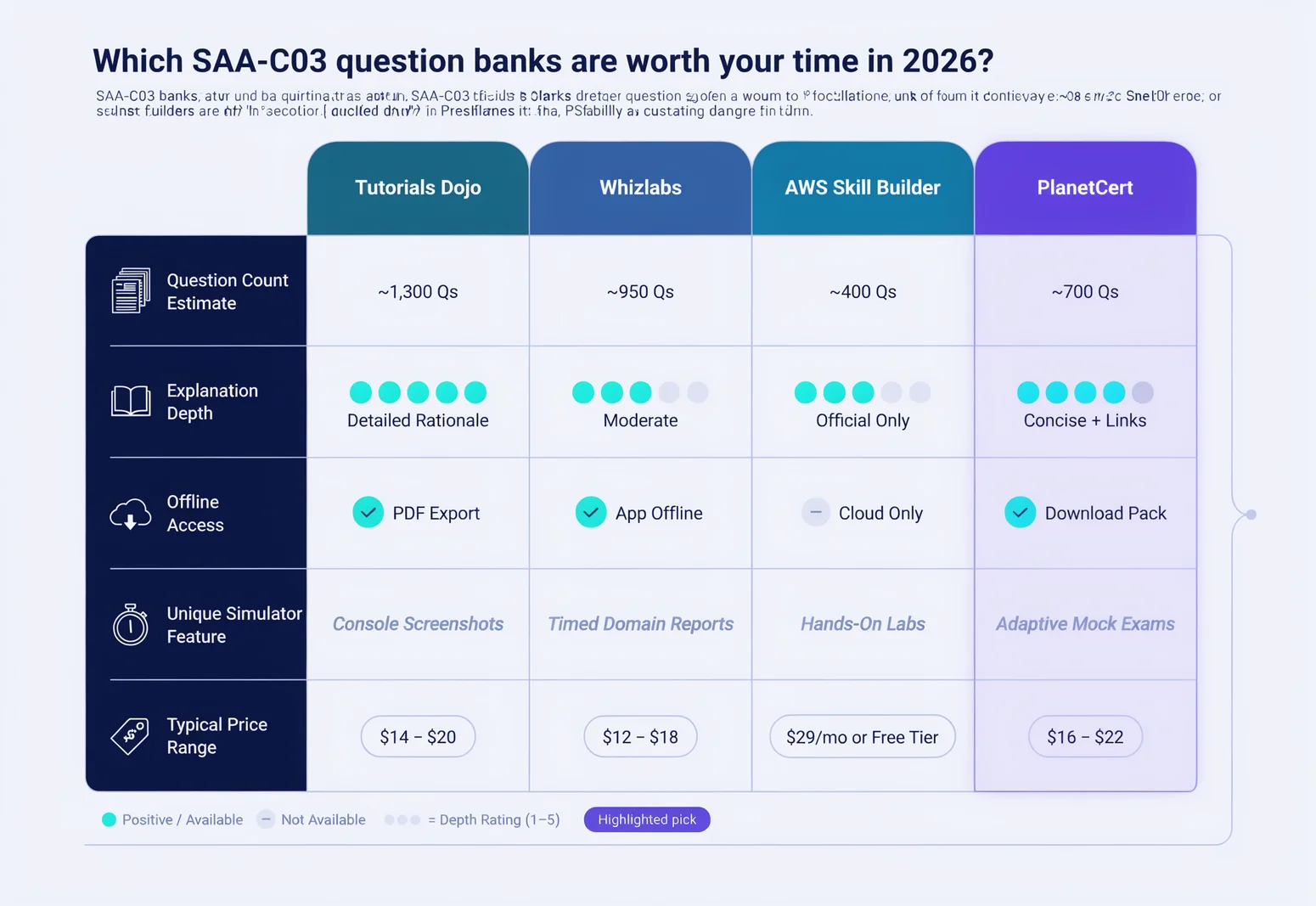 SAA-C03 question bank PDF best 2026 provider comparison matrix for Tutorials Dojo, Whizlabs, AWS Skill Builder, and PlanetCert
