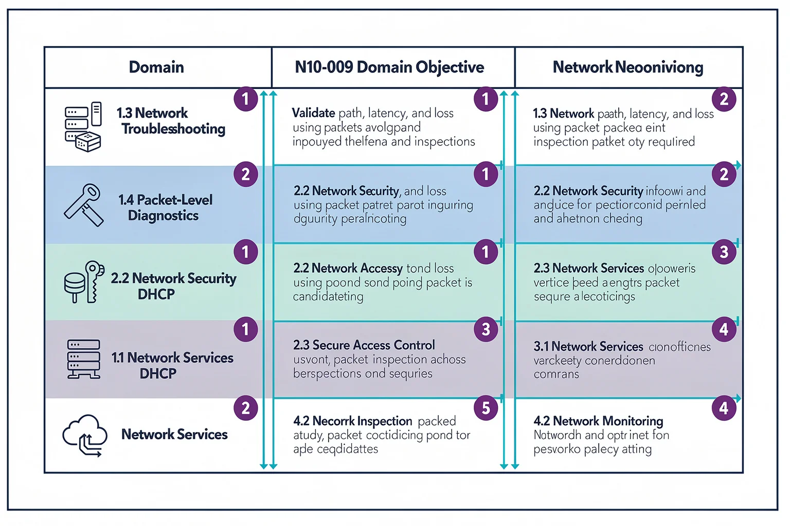 Table mapping CompTIA Network+ N10-009 exam objectives to essential Wireshark display filters and protocol analysis skills for wireshark network plus study.