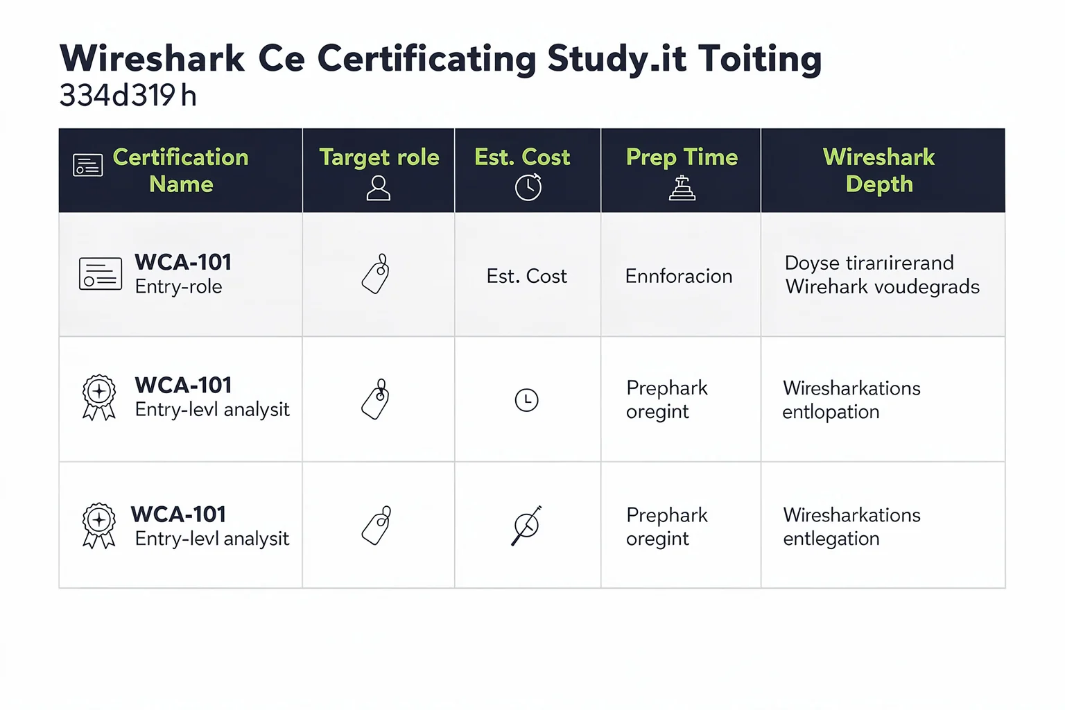 Comparison matrix of Wireshark training and certification paths including costs, roles, and depth of Wireshark coverage for WCA, WCNA, Network+, and CCNA.