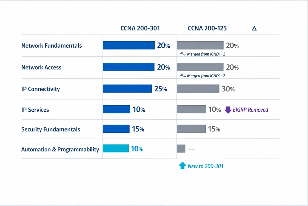 CCNA 200-301 domain weighting comparison matrix showing six exam domains against older CCNA versions with percentage bars and syllabus changes