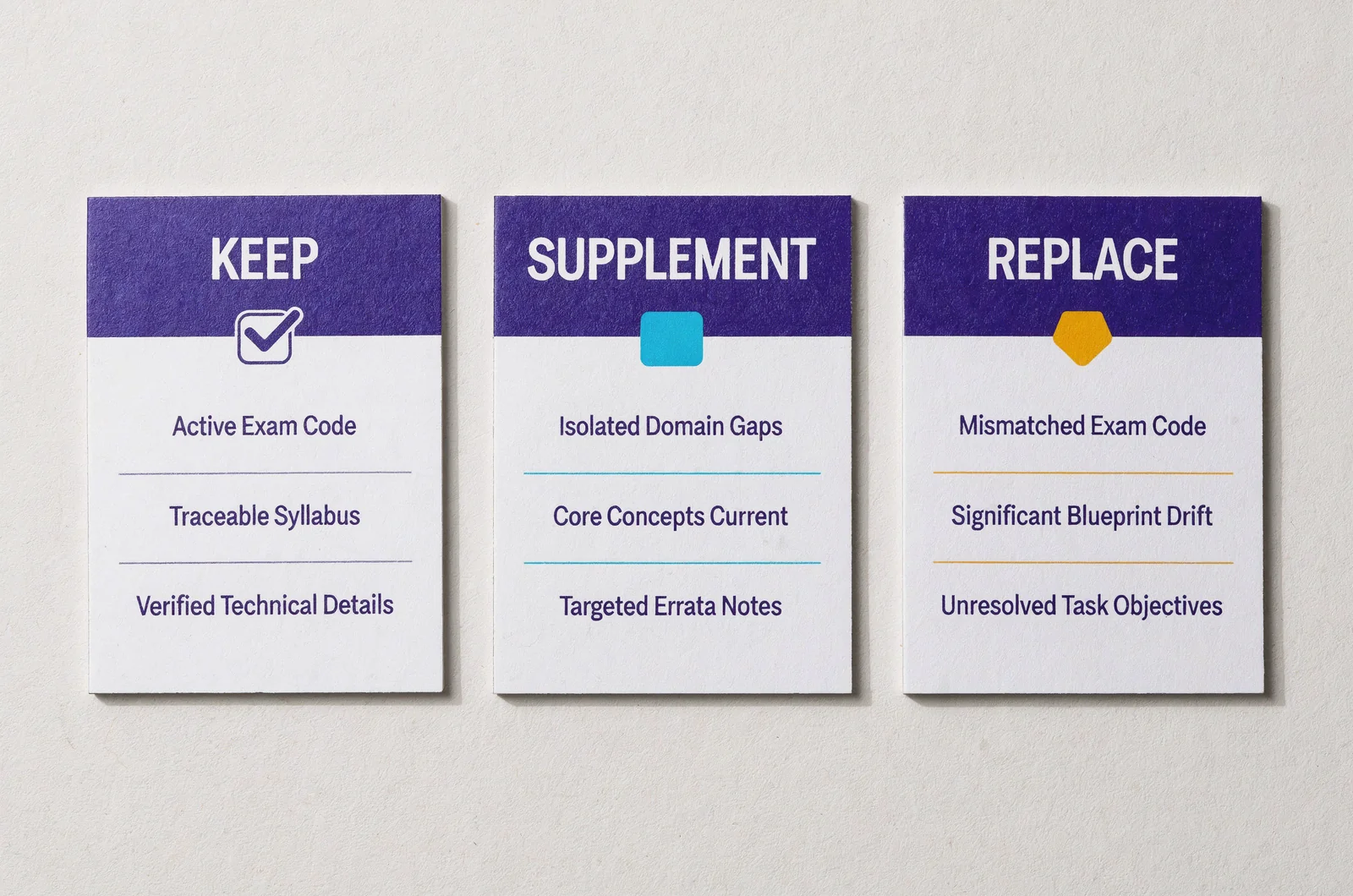 Three-part decision guide comparing keep, supplement, and replace criteria to determine how to spot outdated certification study material before exam booking.